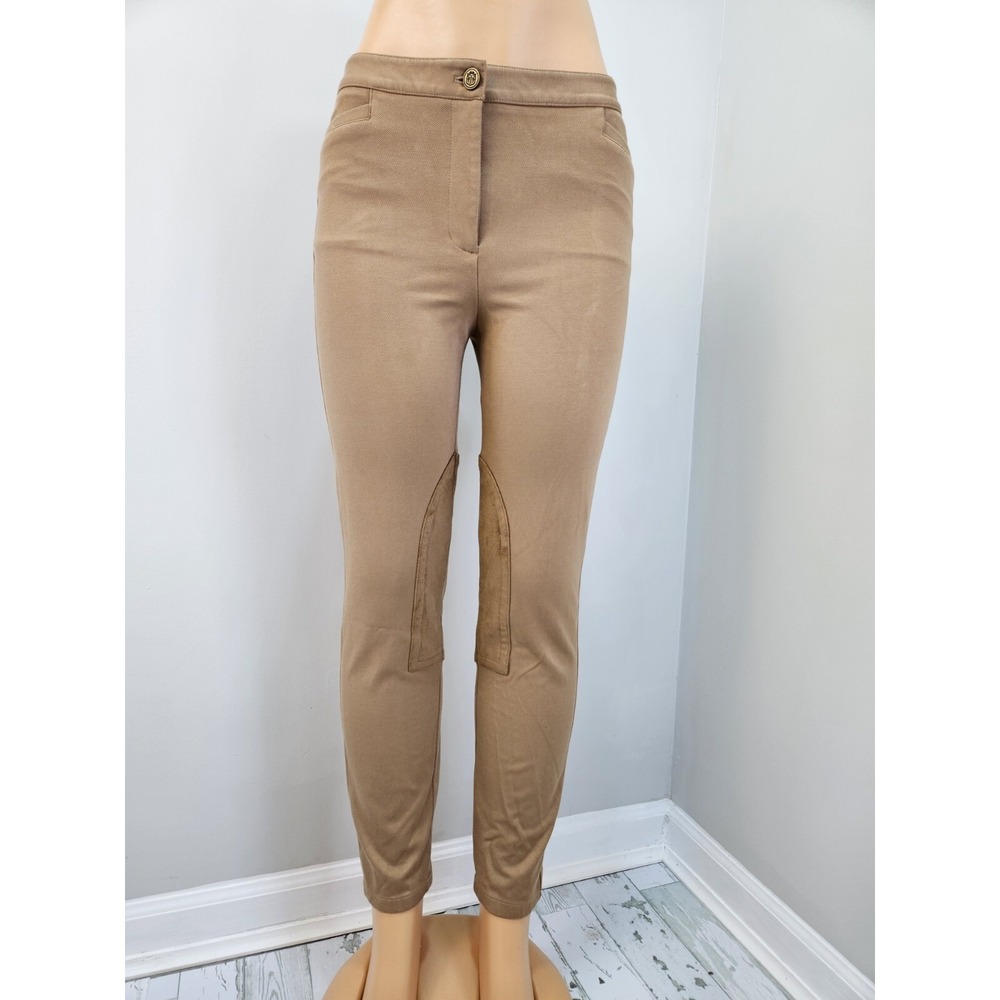 Talbots Skinny Ankle Pants Tan Equestrian Faux Leather Knee Patch Stretch Size 8